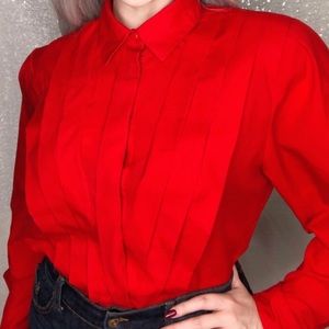 Vintage Red Pleated Front Button Down Blouse Sz M